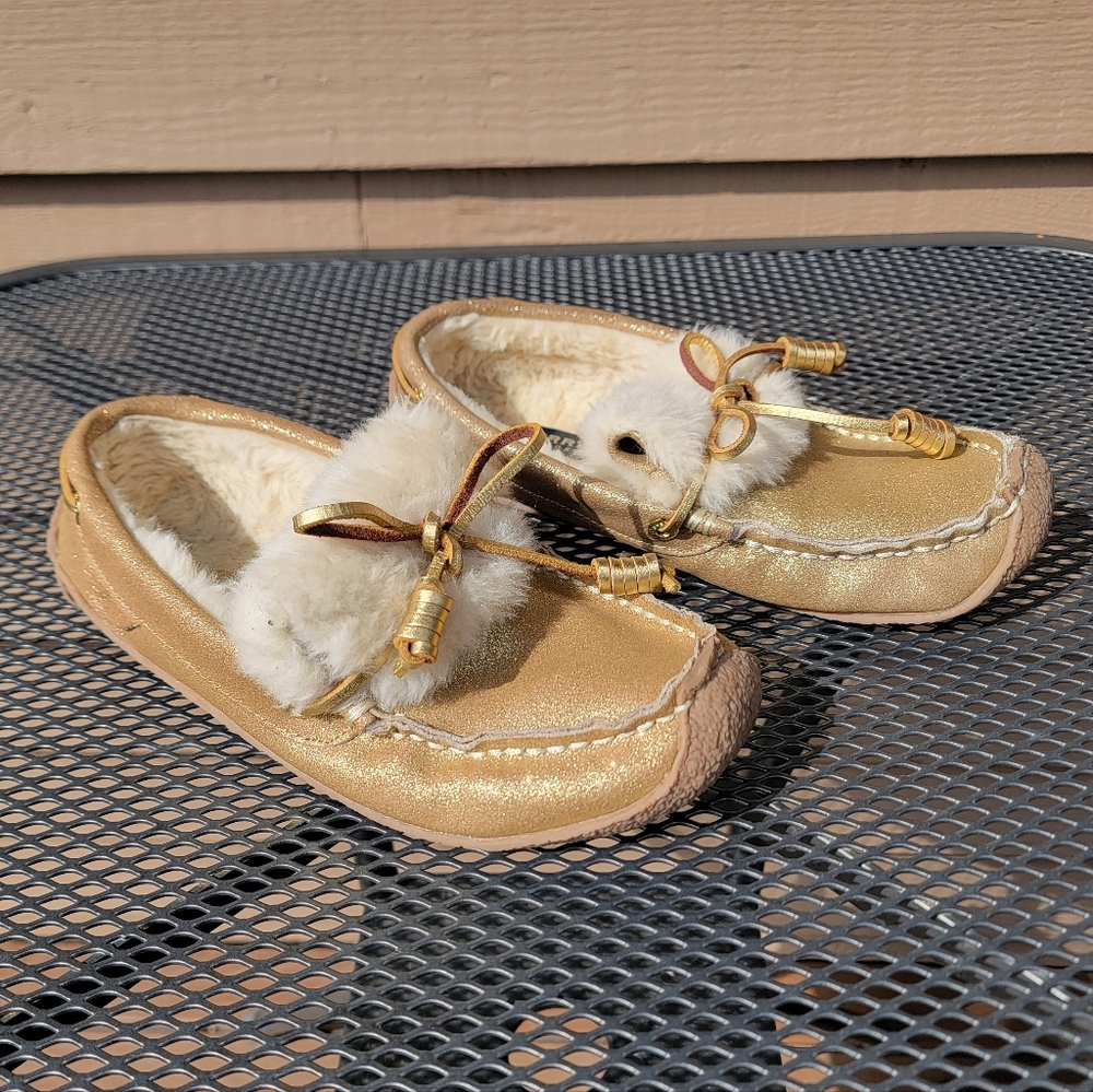 Women's SPERRY Gold Glitter LEATHER & SUEDE Faux Fur Lined MOCASSIN Sz 7